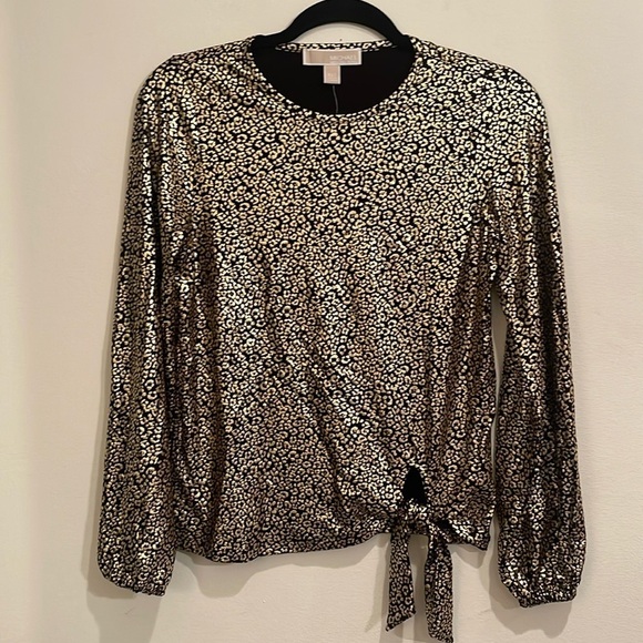Michael Kors Gold and Black Shiny Tie Front Long Sleeve Blouse - Picture 1 of 4